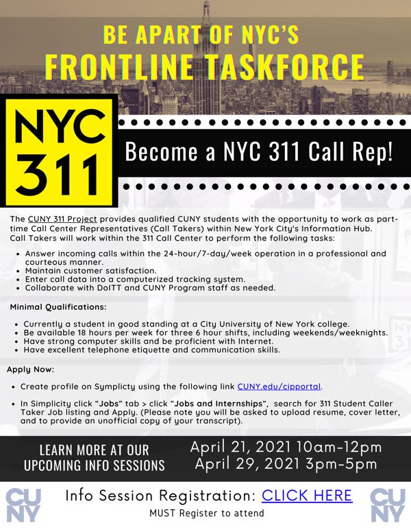 Summer Job NYC Frontline Taskforce 311 Call Rep 15 17 hour